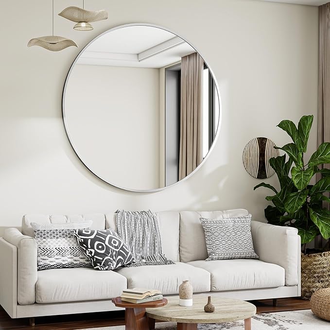 Silver Round Bathroom Mirror, 48 inch Large Circle Wall Mounted Hanging Mirror - Image 2