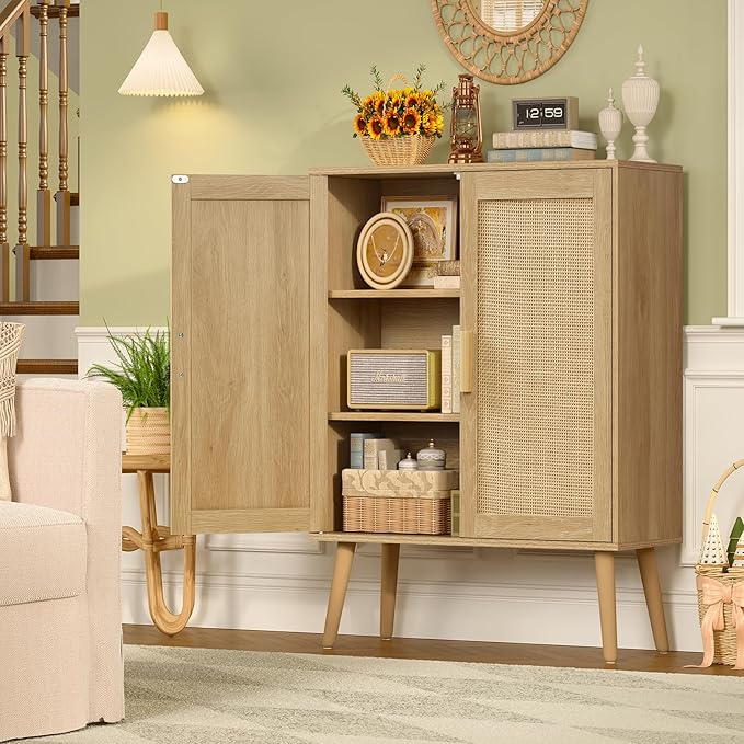 Iwell Storage Cabinet with 2 Shelves, Rattan Cabinet with 2 Doors, Sideboard - Image 7
