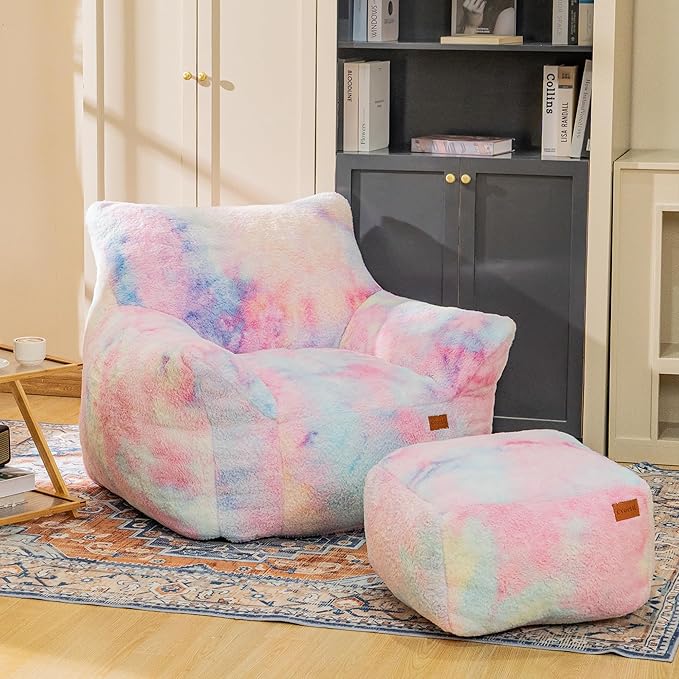 Bean Bag Chair, Sherpa Accent Beanbag Chair and Ottoman Set, Fur Faux BeanBag - Image 9
