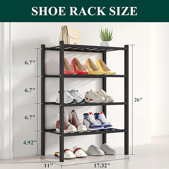 Smiry Shoe Rack, 4 Tier Small Bamboo Shoe Organizer, Stackable Free Standing - Image 2