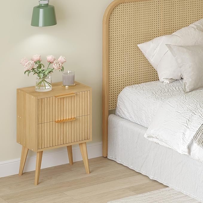 Fluted Nightstand with 2 Drawers, Modern Bedside Table with Metal Handles - Image 2