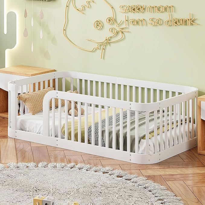 Bellemave Twin Floor Bed with High Fence and Rounded Corner Design, Wood by Bellemave
