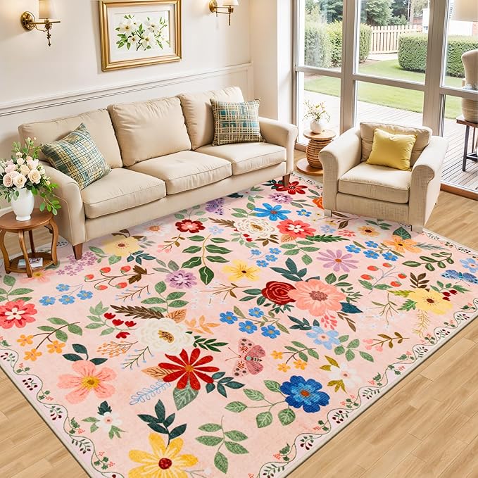 8x10 Area Rugs for Living Room: Floral Washable Rug Vintage Large Soft Boho - Image 2