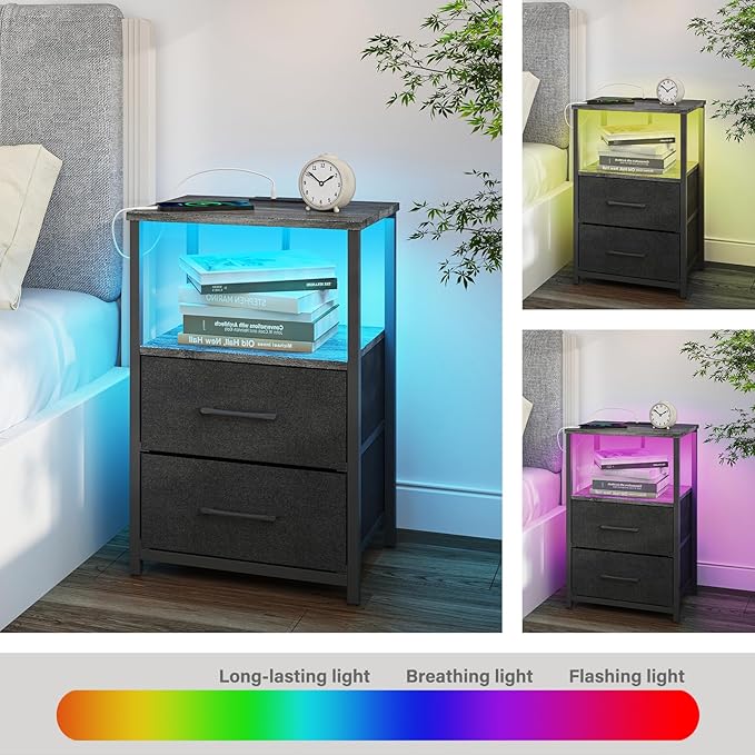 TUTOTAK LED End Table with Charging Station, Nightstand with Cloth Drawer - Image 7