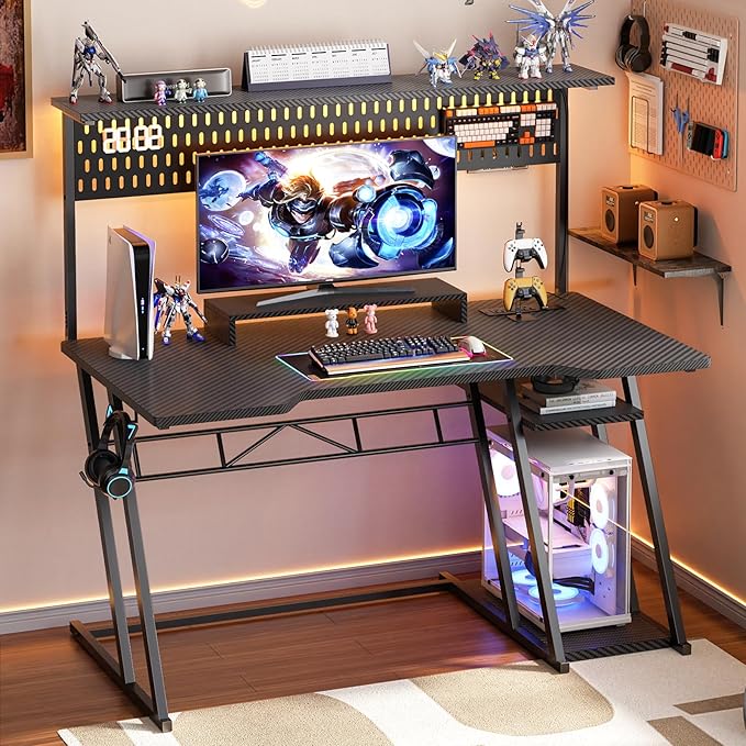 Gaming Computer Desk with Shelves and Outlets, Gaming Desk with Hutch and LED - Image 2
