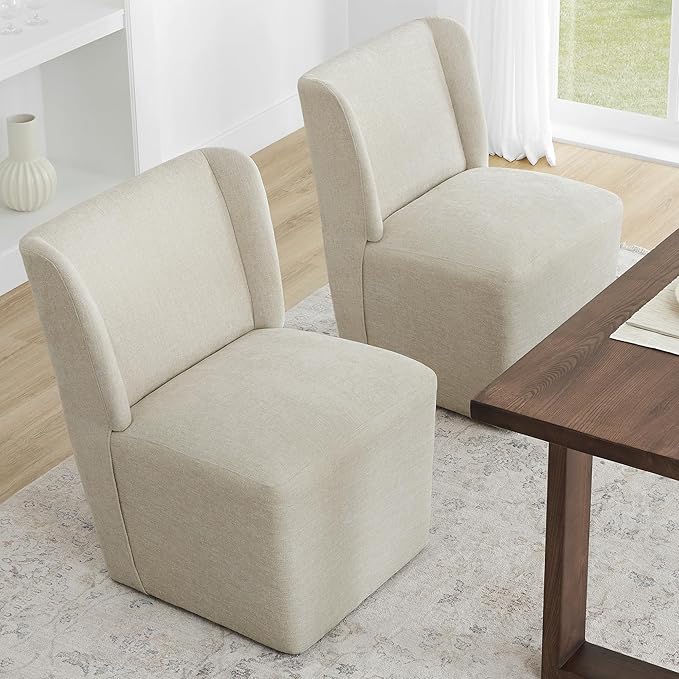 Upholstered Dining Chair with Casters Wingback Modern Side Armless Deskchair - Image 2