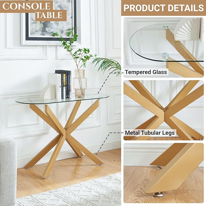 Gold Glass Oval Console Table, Modern Style Entryway Hallway Narrow Sofa Table - Image 3