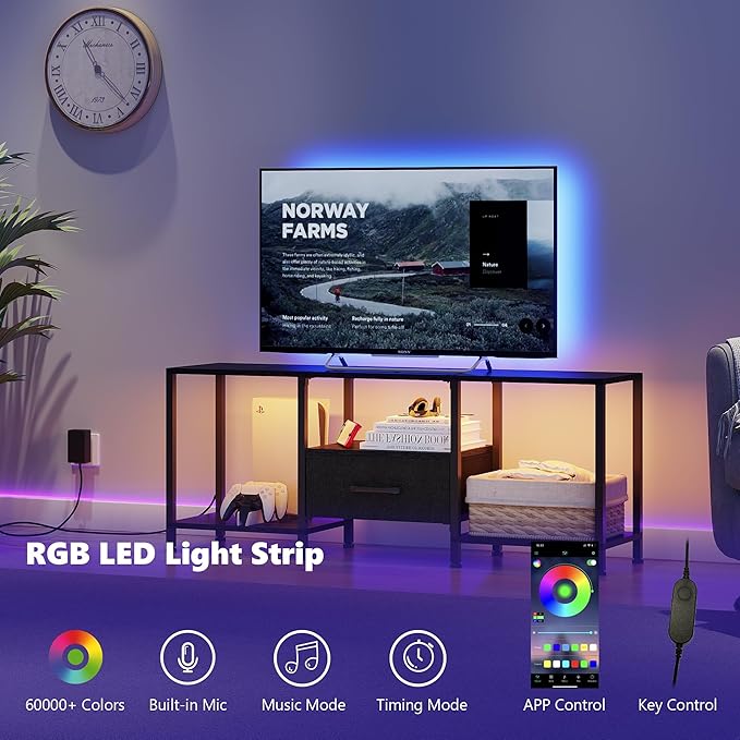 TV Stand with LED Lights, Entertainment Center with Open Shelves and Fabric - Image 4