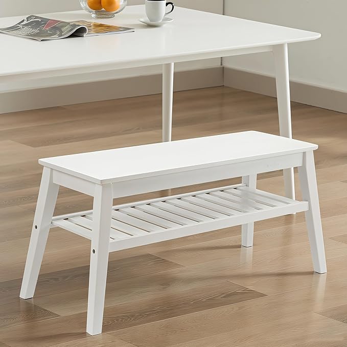 Nnewvante 33.46" Bamboo Dining Bench, 2 Tier Indoor White Storage Bench - Image 3