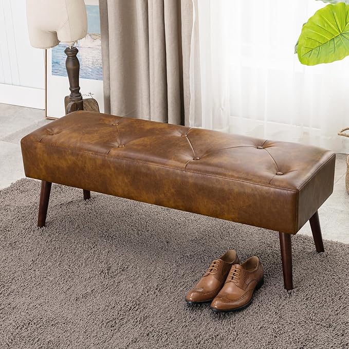 Furniliving 44 Inch Tufted Leather Bench, Leather Footrest Stool Bedroom Bench - Image 9