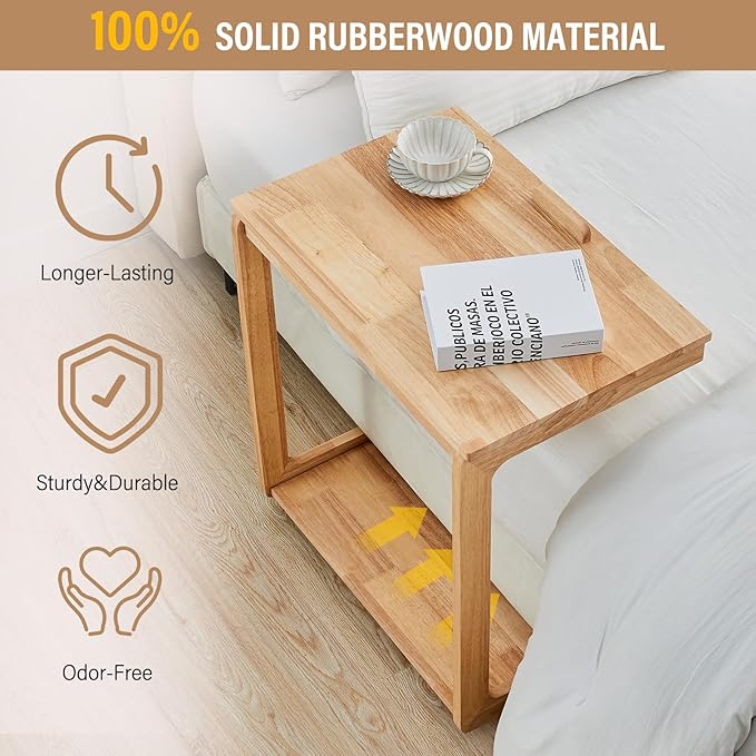CozyDH Adjustable C Shaped End Table, Solid Wood Rolling Side Table, TV Sofa - Image 5