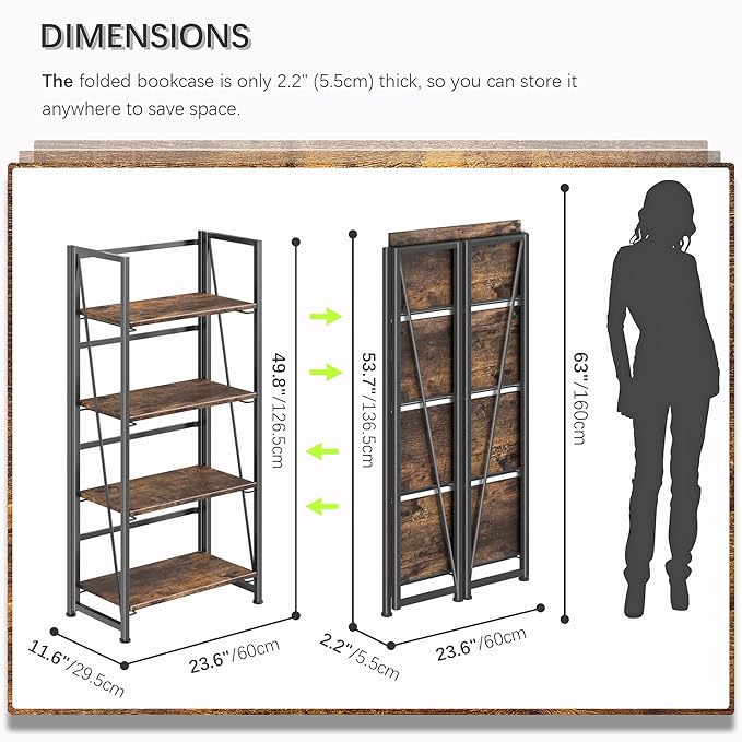 4NM No-Assembly Folding Bookshelf Storage Shelves 4 Tiers Vintage Bookcase - Image 3