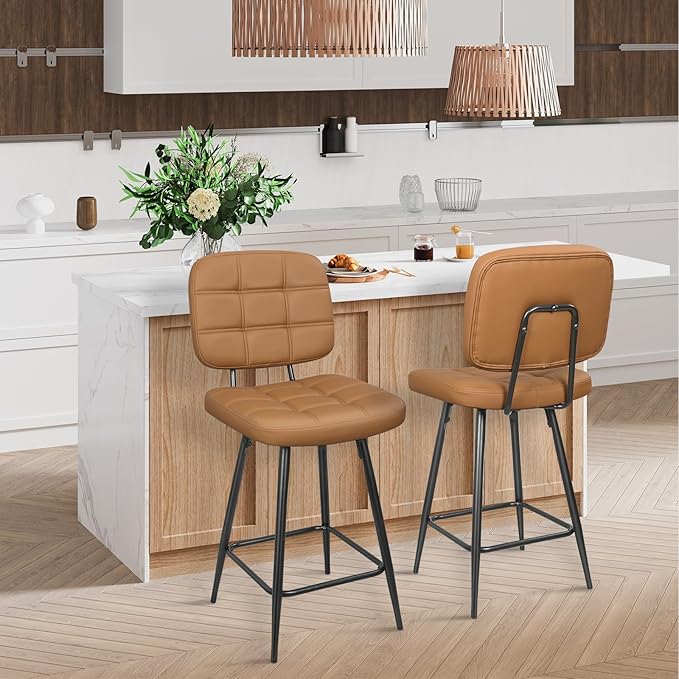 Bar Stools Set of 2, 24 Inch Upholstered Metal Barstool - Image 2