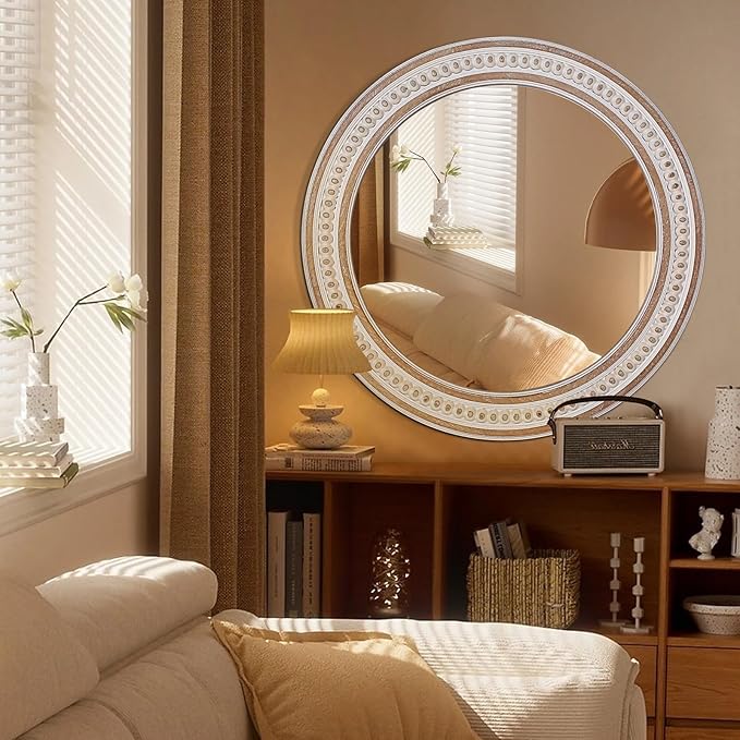 32'' Boho Wooden Large Round Wall Mirrors, Rustic Farmhouse Circle Mirrors - Image 2
