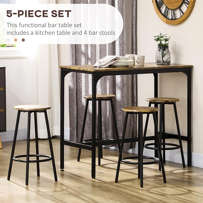 HOMCOM 5-Piece Counter Height Bar Table Set, Rustic 43.25" Dining Table - Image 3