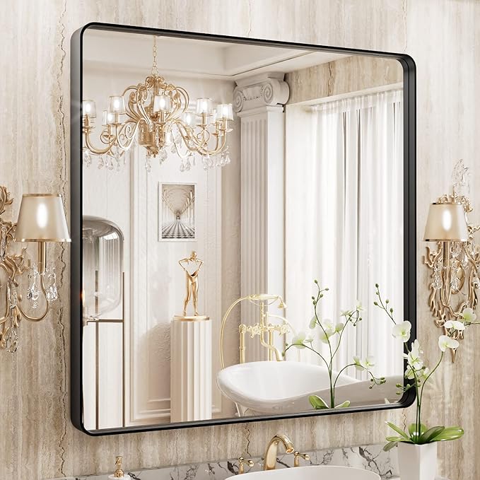 WEER 36X36 Inch Black Metal Framed Bathroom Mirror, Matte Black Bathroom Vanity by WEER