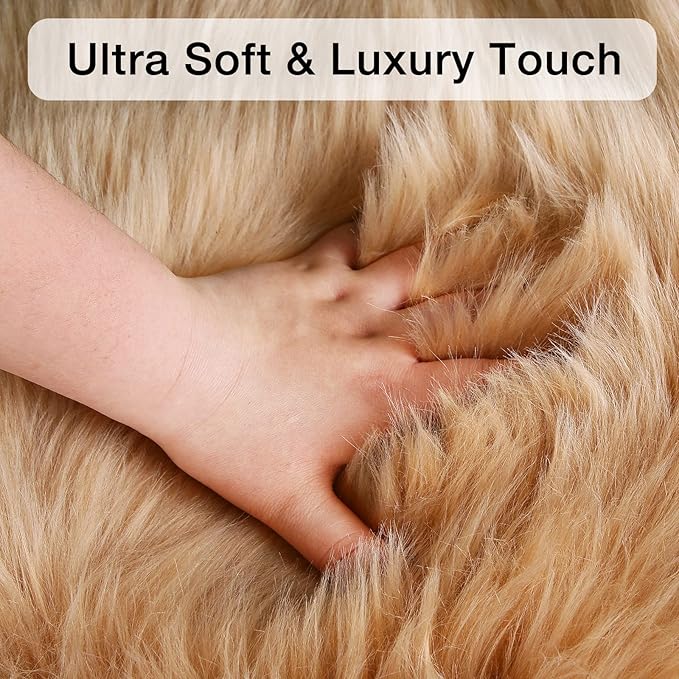 duduta Beige Faux Sheepskin Round Rug 4x4 ft, Fluffy Shag Fur Bedroom Nursery - Image 4