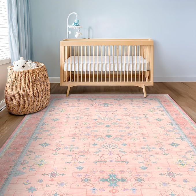 Pink and Blue Washable 5x8 Living Room Rugs, Boho Aethestic Oushak Vintage Area - Image 4