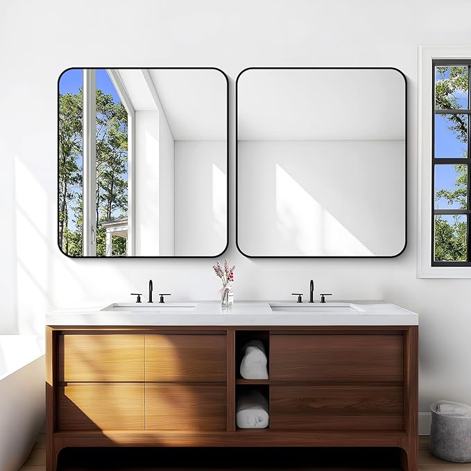 Bathroom Mirror, 40 x 36 inch Black Rectangle Wall Mirror, Metal Frame - Image 6