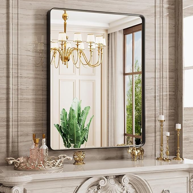 Black Bathroom Mirror 20X30 Inch, Rounded Rectangle Matte Bathroom Vanity Mirror by JISOSO