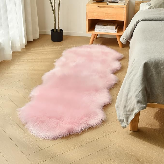 duduta Pink Faux Sheepskin Runner Rugs 2x6 ft, Fluffy Shag Bedroom Rug Fur by Duduta