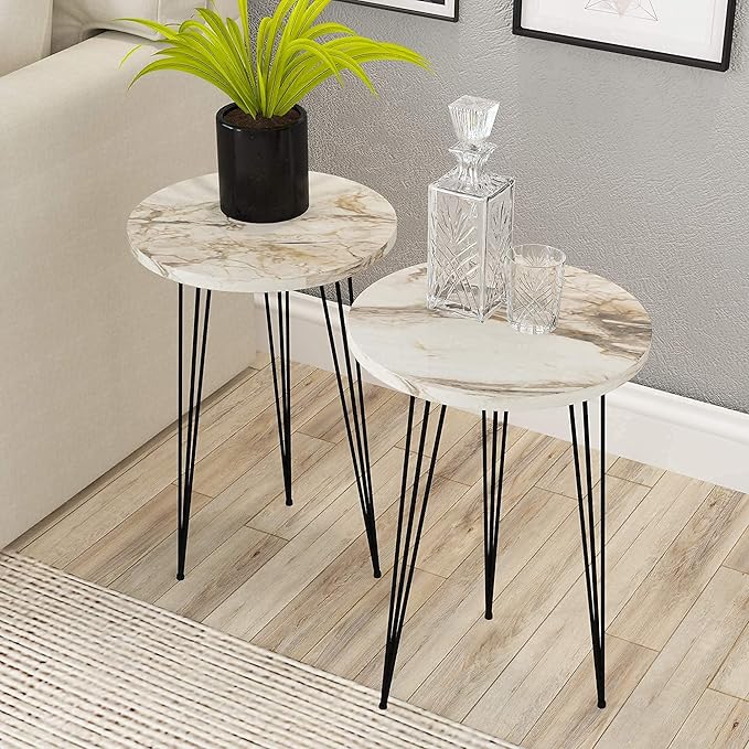 PAK HOME - Set of 2 End Table - White Marble Look Round Wood Sofa Side Coffee by PAKHOME