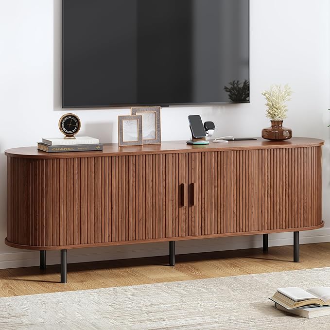 63" TV Stand with Power Outlet, Modern Media Console with Sliding Doors by ComfyCorner
