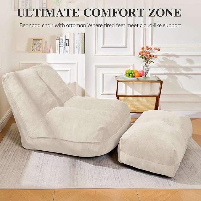 Bean Bag Chair with Ottoman, Comfy Bean Bag Sofa with Memory Foam, Lazy BeanBag - Image 6
