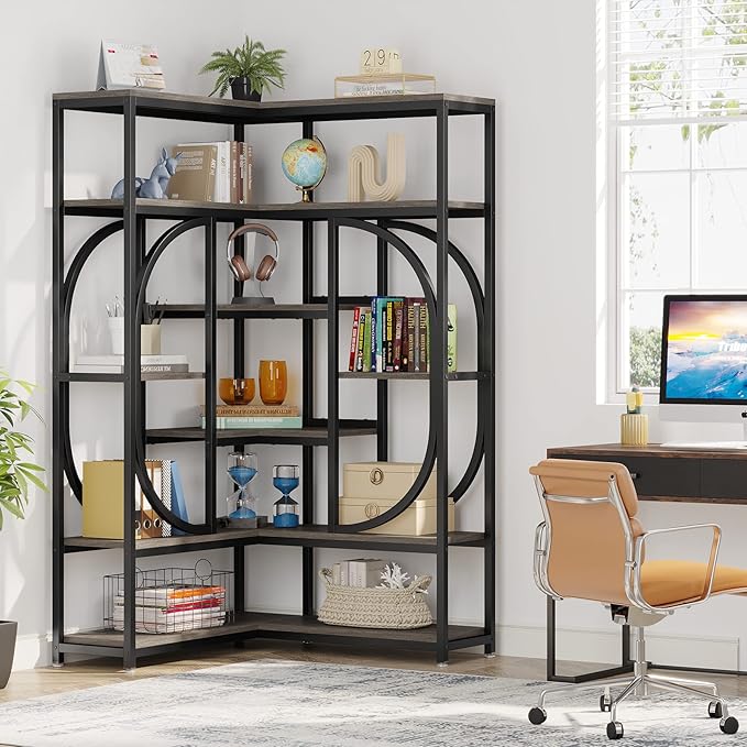 LITTLE TREE Large Corner Bookshelf Industrial Bookcase - Image 4