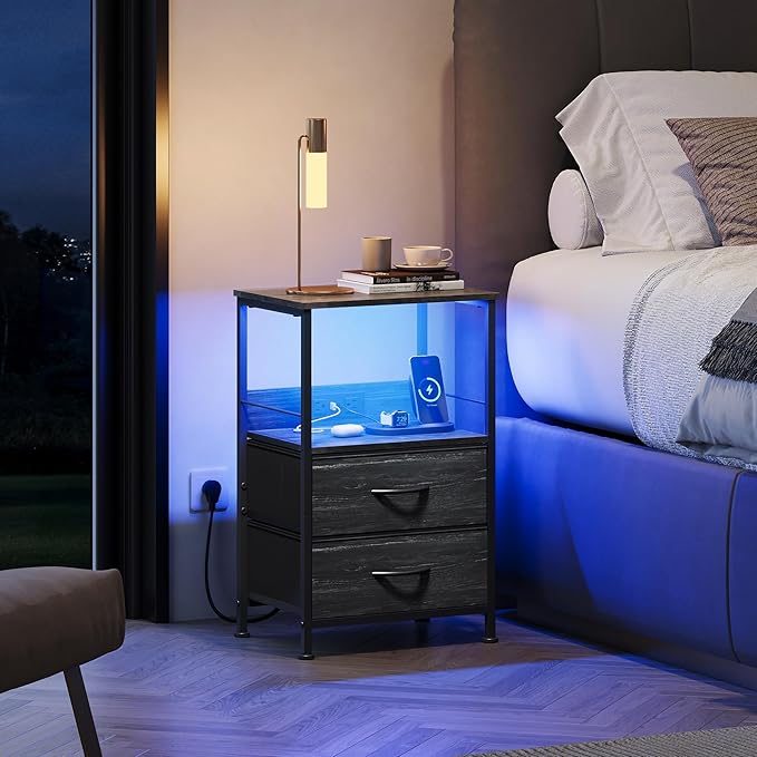 WLIVE Night Stand with Charger Station, LED Nightstand - Image 2