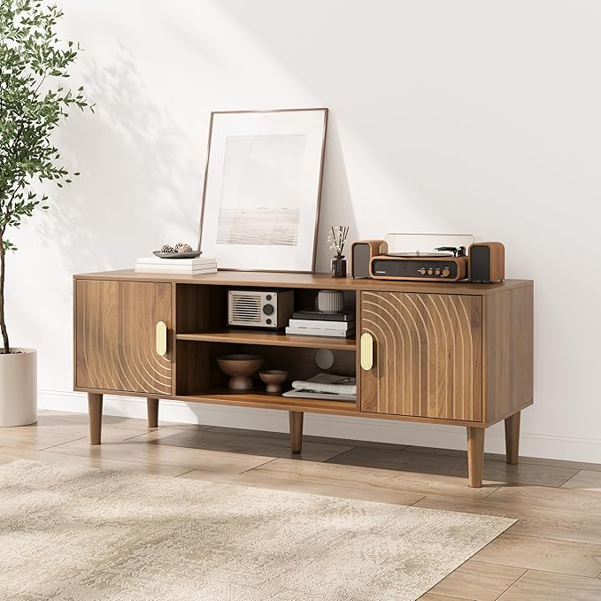 Smuxee Walnut TV Stand with Line Groove Design, 47.2" Mid Century Modern TV - Image 8
