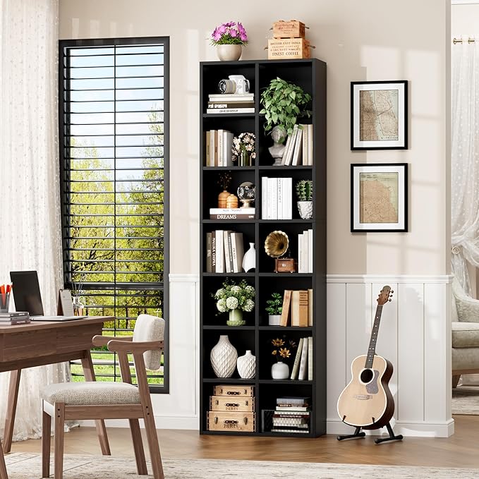 FOTOSOK 71'' Tall Bookshelf, Double Wide Media Tower Rack CD DVD Rack Display - Image 4