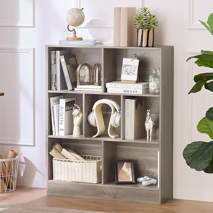 LEYAOYAO 7 Cube Bookshelf with Base, 3 Tier Mid-Century Modern Grey Bookcase by LEYAOYAO-Findtheshiningpointofyourideallife%EF%BC%81