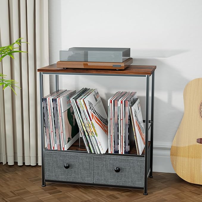 Record Player Stand with Vinyl Storage, 2-Tier Record Shelf Table with Fabric - Image 5
