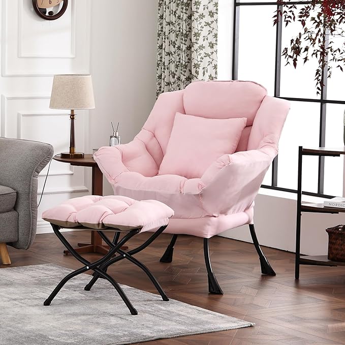 Large Lazy Chair with Ottoman, Accent Reading Chair with a Throw Pillow by HomeEastllyHome