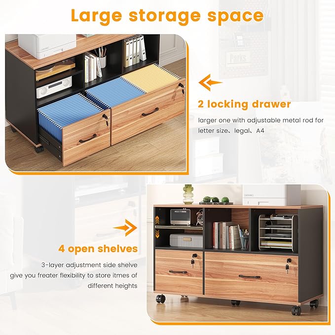 2 Drawer Wood Mobile Large Lateral File Cabinet - Image 3