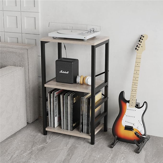 End Table with LED Light, Record Player Stand with Albums Storage, Vinyl - Image 2