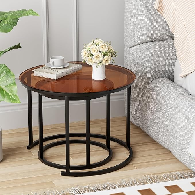 aboxoo Nesting Coffee Table Set of 2, Small Round Glass Nesting Tables - Image 8