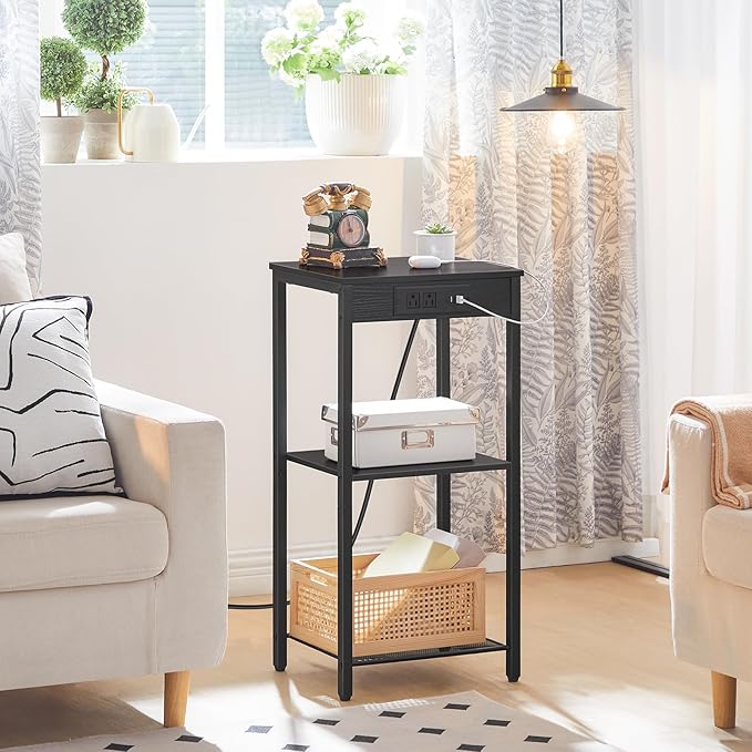 HOOBRO Tall End Table with Charging Station, 30 Inch Tall Nightstand, 3-Tier - Image 8