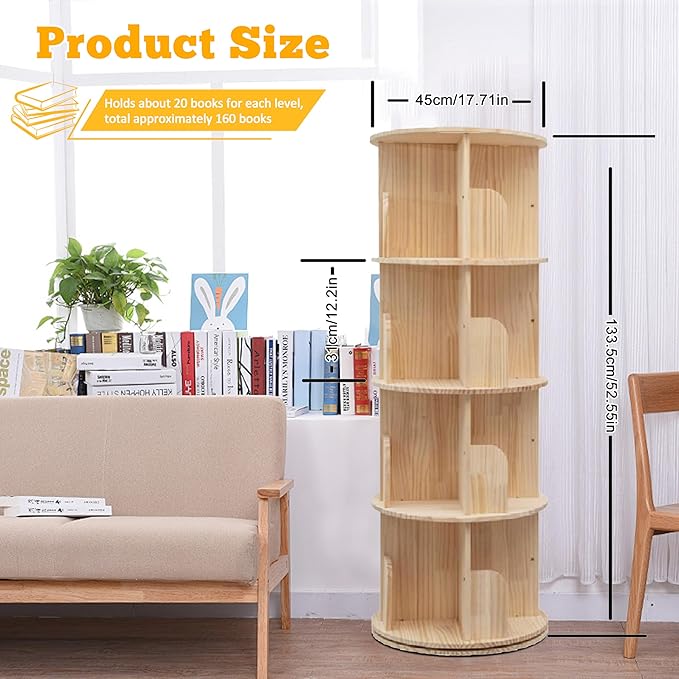 Rotating Bookshelf Kids, 360 Display 4 Tier Spinning Bookshelf Tower Stackable - Image 3