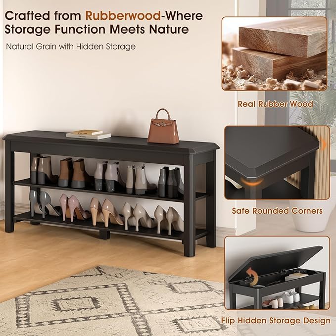 Shoe Rack Bench Seat Rubberwood 2-Tier Wooden Storage Bench 550lbs Compact - Image 6