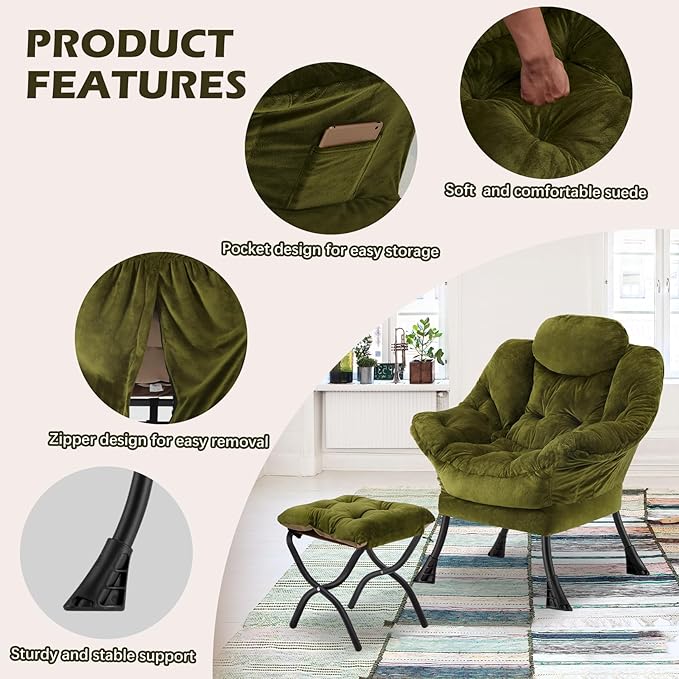 Lazy Chair with Folding Ottoman, Leisure Sofa Chair, Soft Fabric Armchair with - Image 5