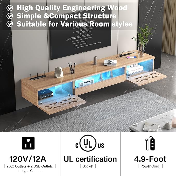 Floating TV Stand, Floating Wall Mounted TV Shelf with, Modern High Gloss tv - Image 7