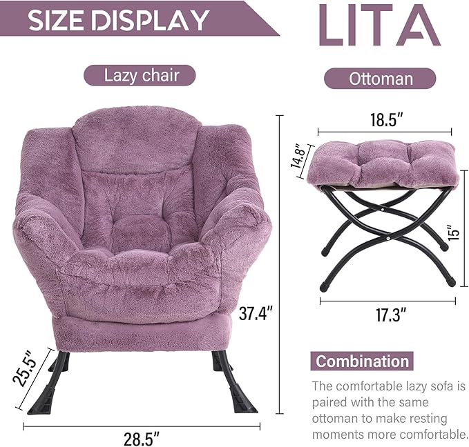 LITA Lazy Chair with Ottoman, Modern Accent Leisure Upholstered Sofa Chair - Image 3