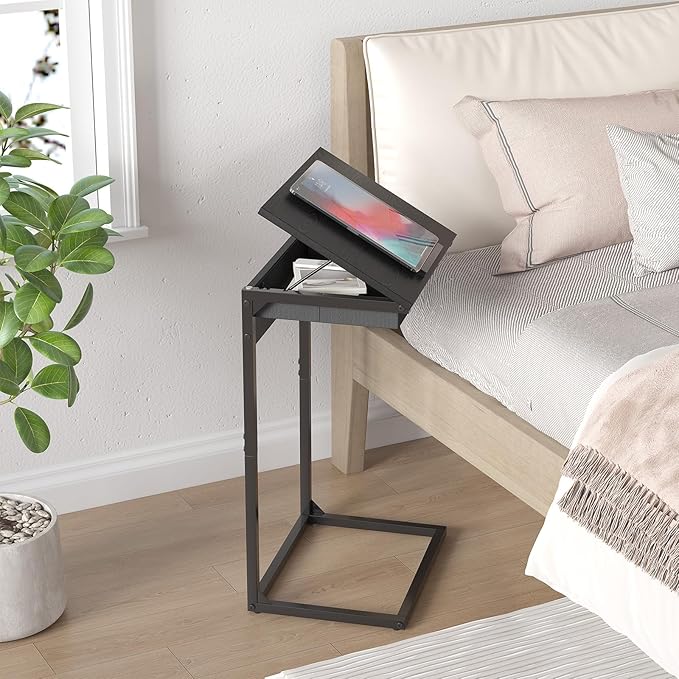 C Shaped End Table with Charging Station, 45° Tiltable Adjustable Flip Top Side - Image 7