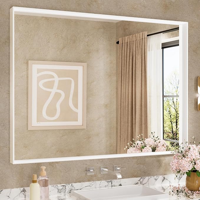 Keonjinn 48” x 36” White Bathroom Vanity Mirror Metal Framed Large Bathroom by Keonjinn