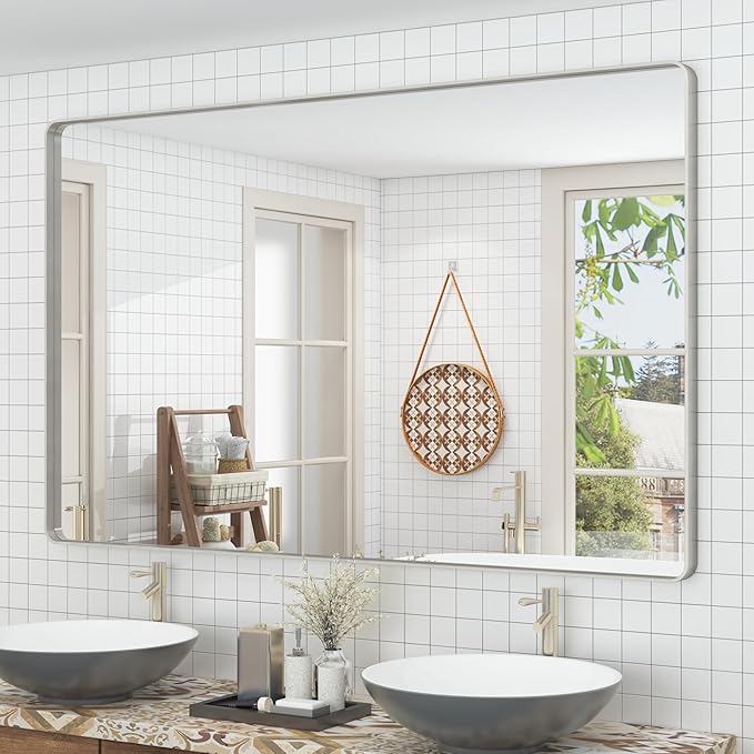 60x36 Silver Bathroom Mirrors for Vanity, Brushed Metal Silver Framed Bathroom by CHARMOR