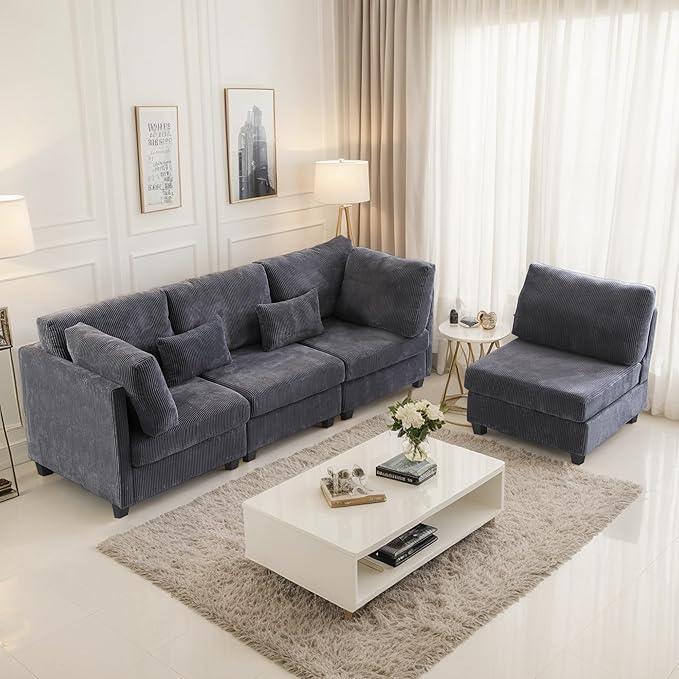 126" Convertible L-Shaped Modular Sectional Sofa, 4 Seater Corduroy Upholstered - Image 3