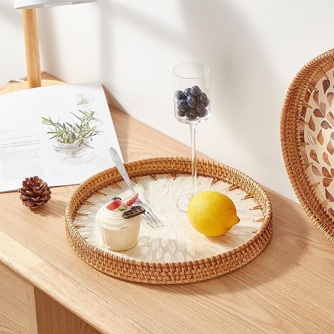 Round Rattan Tray with Mother of Pearl Inlay, Rattan Serving Tray with Wooden - Image 3
