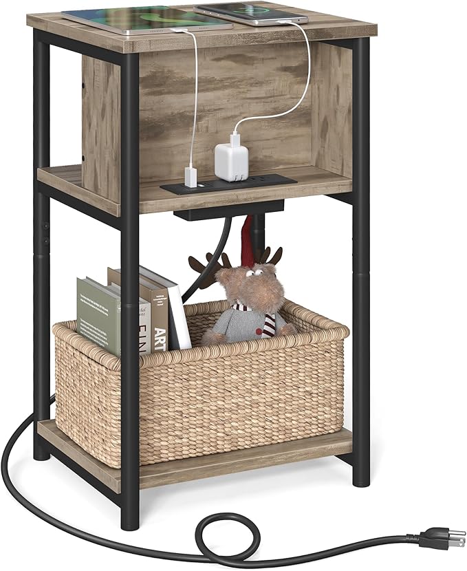 VASAGLE Side Table with Charging Station, 3-Tier End Table with USB Ports and by VASAGLEbySONGMICSHOME